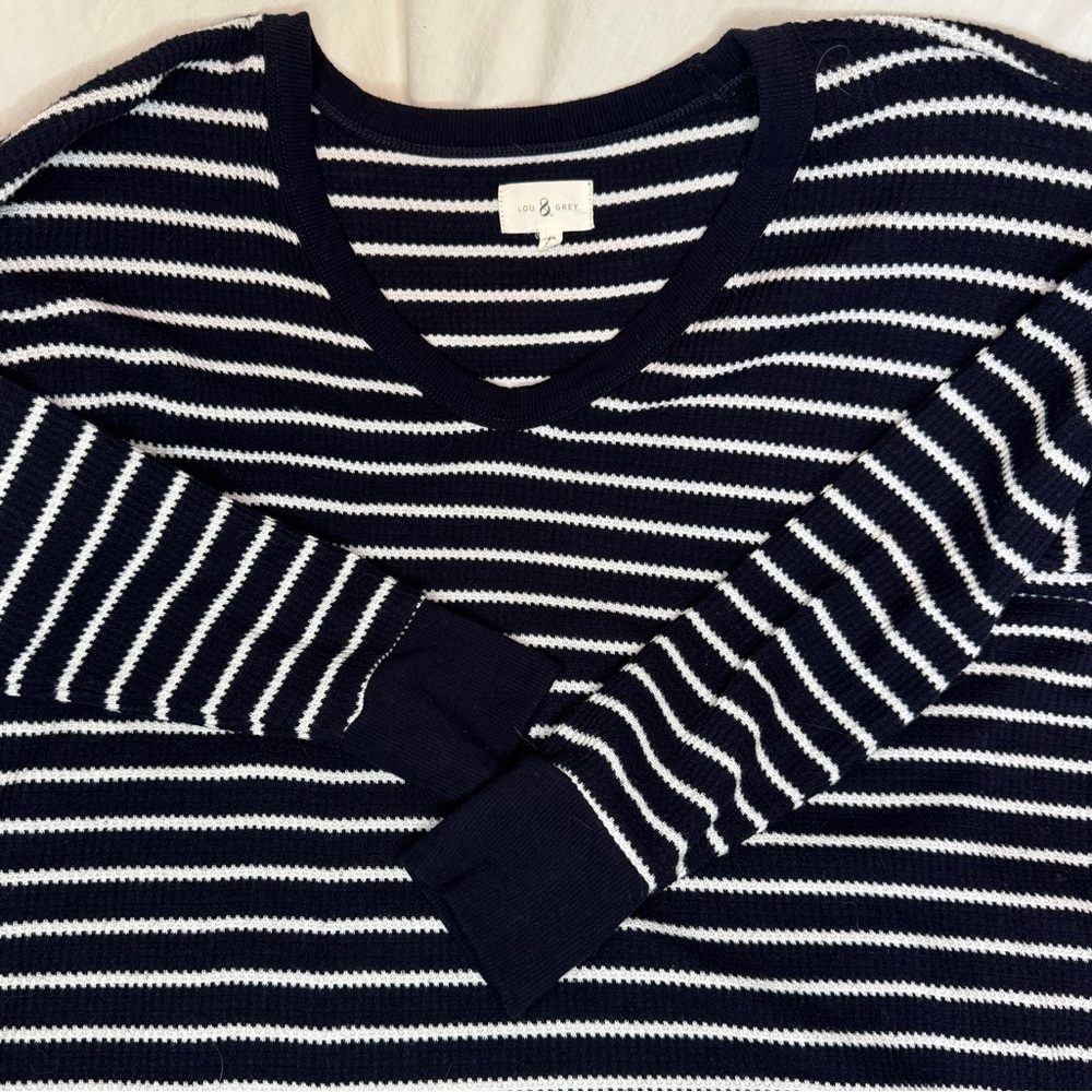 Lou & Grey Women's V-Neck Sweater in Black and White Stripes